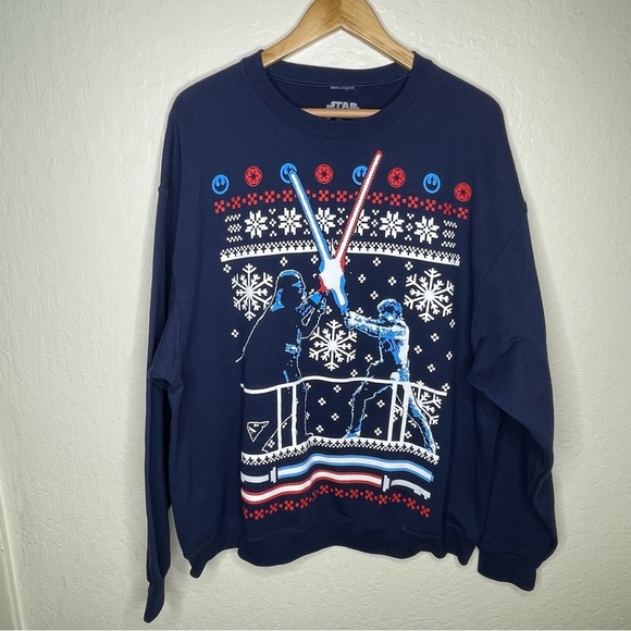 Star Wars Christmas Crew Neck Sweater  XL Darth Vader Luke Skywalker Navy Blue - Picture 2 of 7